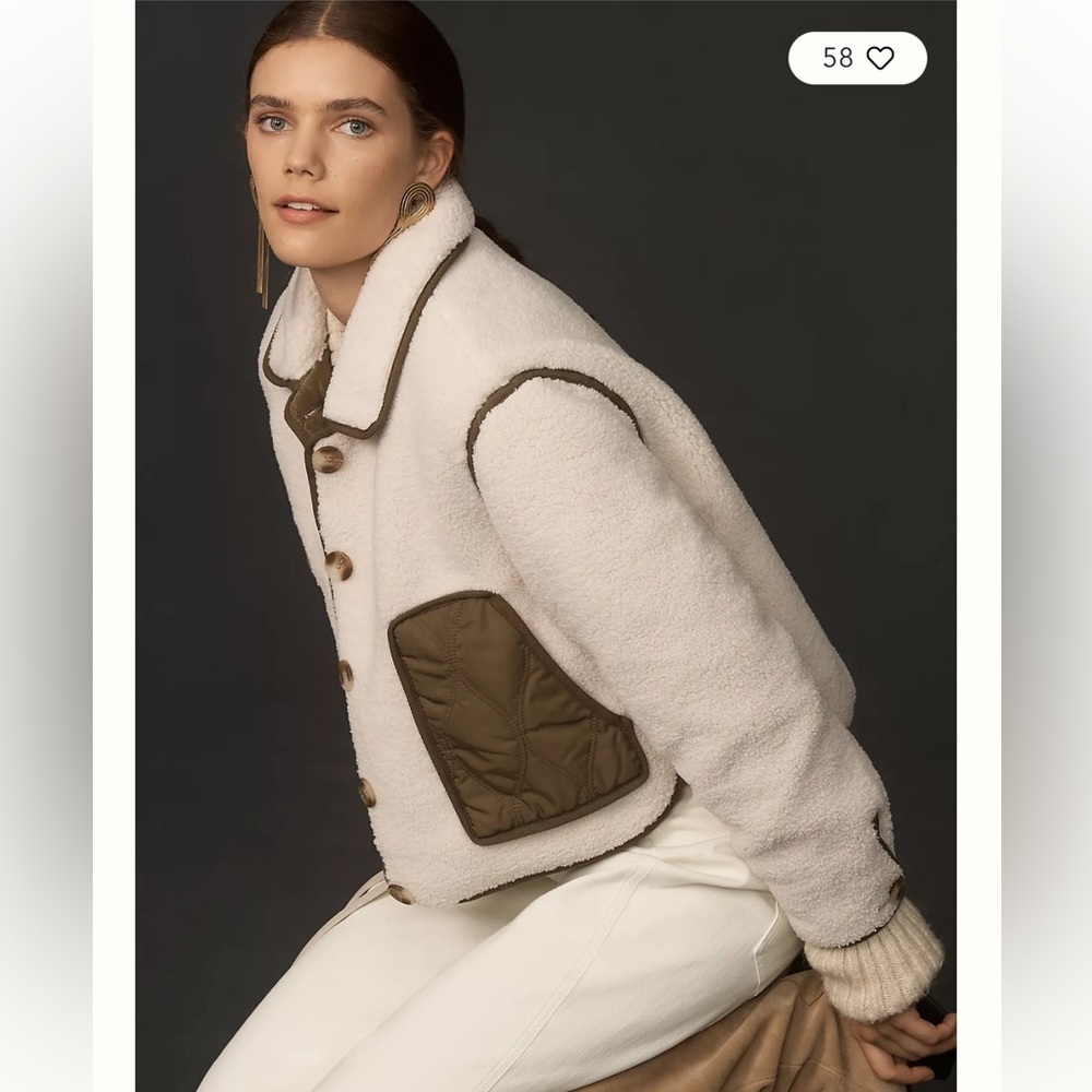 Blank NYC Cream Sherpa Bomber Jacket with Olive Trim